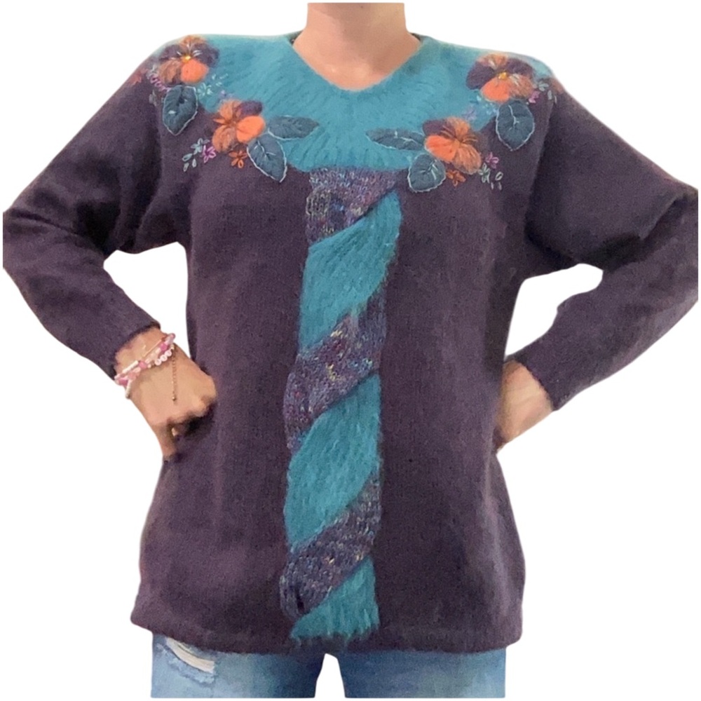Vintage 90s sweater pull over hibiscus 
super kid mohair angora Merino wool